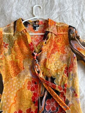 D&G Sheer Floral Button-Up Blouse in Yellow, Orange & Red